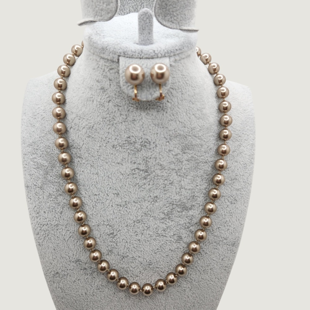 Vintage Faux Glass Pearl Necklace Matching Clip-On Earrings Set Champagne 18"